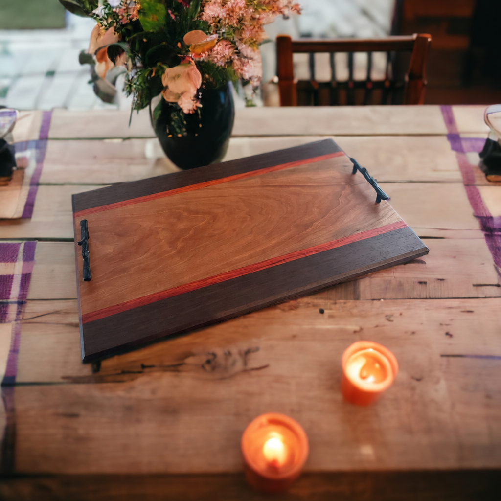 The Cherry wooden serving tray with natural wood grain, red inlays, dark borders, and black handles, without engraving